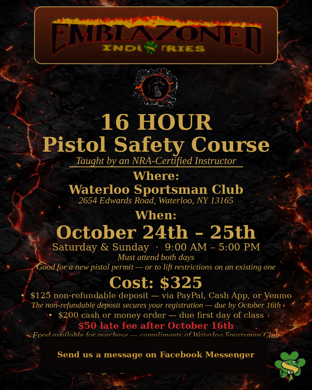 Flyer for the October 24 and 25, 2026 Emblazoned 16-Hour Pistol Safety Course at Waterloo Sportsman Club